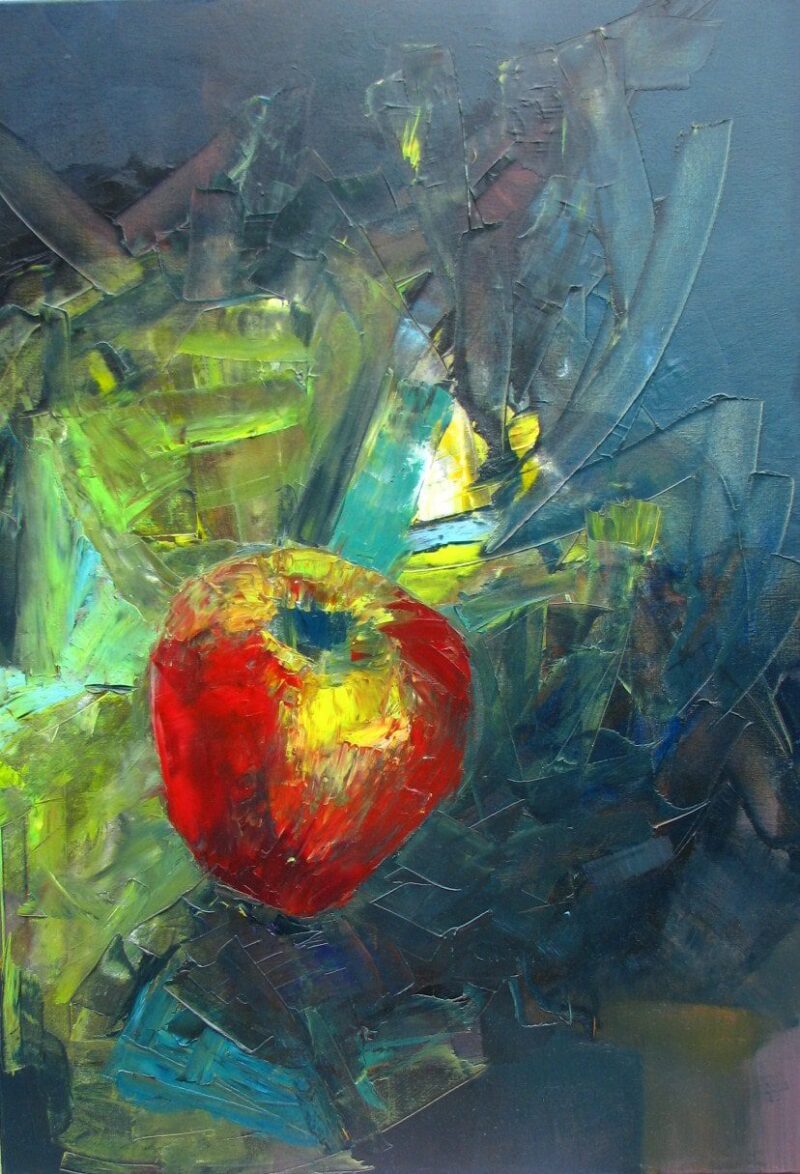 Sokowirówka - obraz Katarzyny Williams - Abstrakcyjna martwa natura z czerwonym jabłkiem na fakturalnym tle