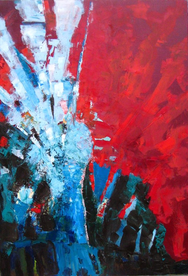 Wierzba obraz Katarzyny Williams - ekspresyjna abstrakcja w czerwieni i błękicie, dynamiczna kompozycja farb