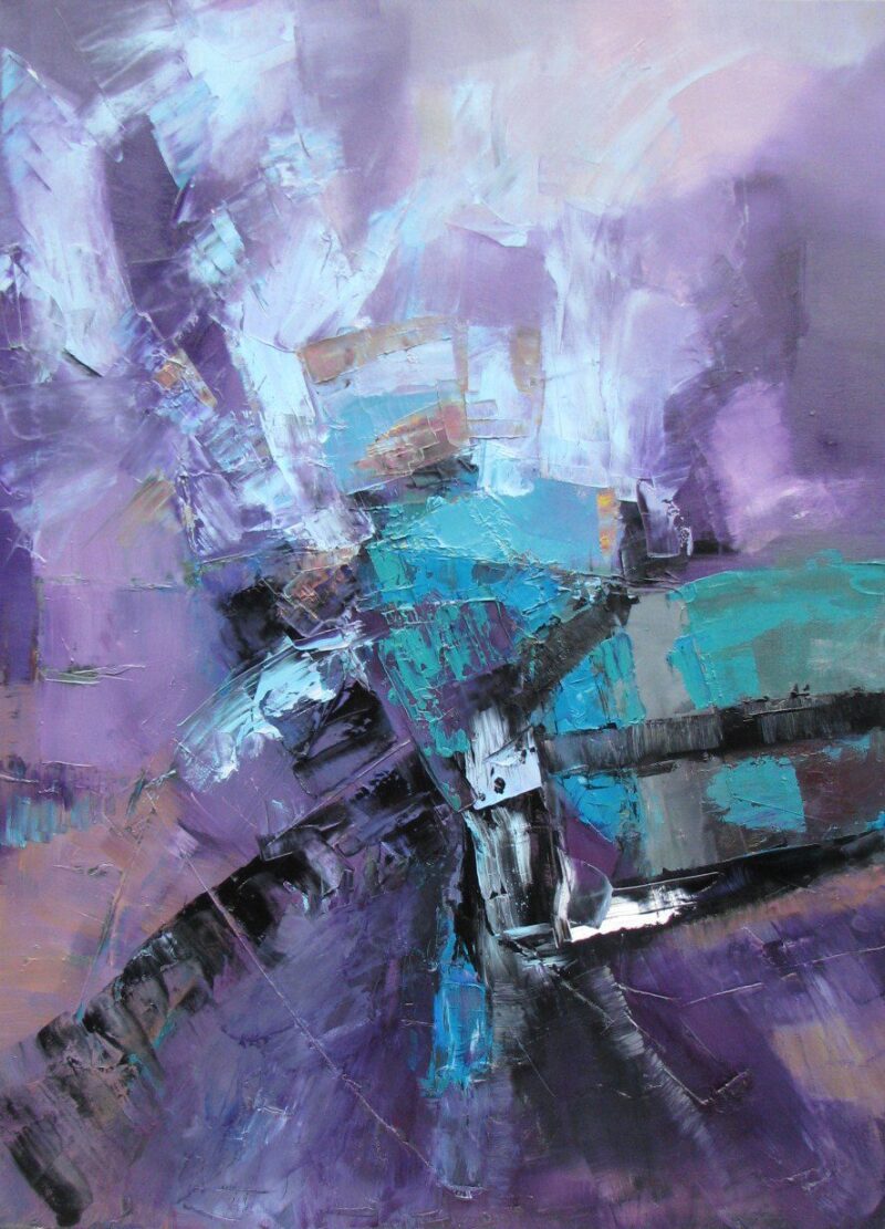 Abstrakcyjna kompozycja malarska w odcieniach fioletu i turkusu - "iks" obraz Katarzyny Williams