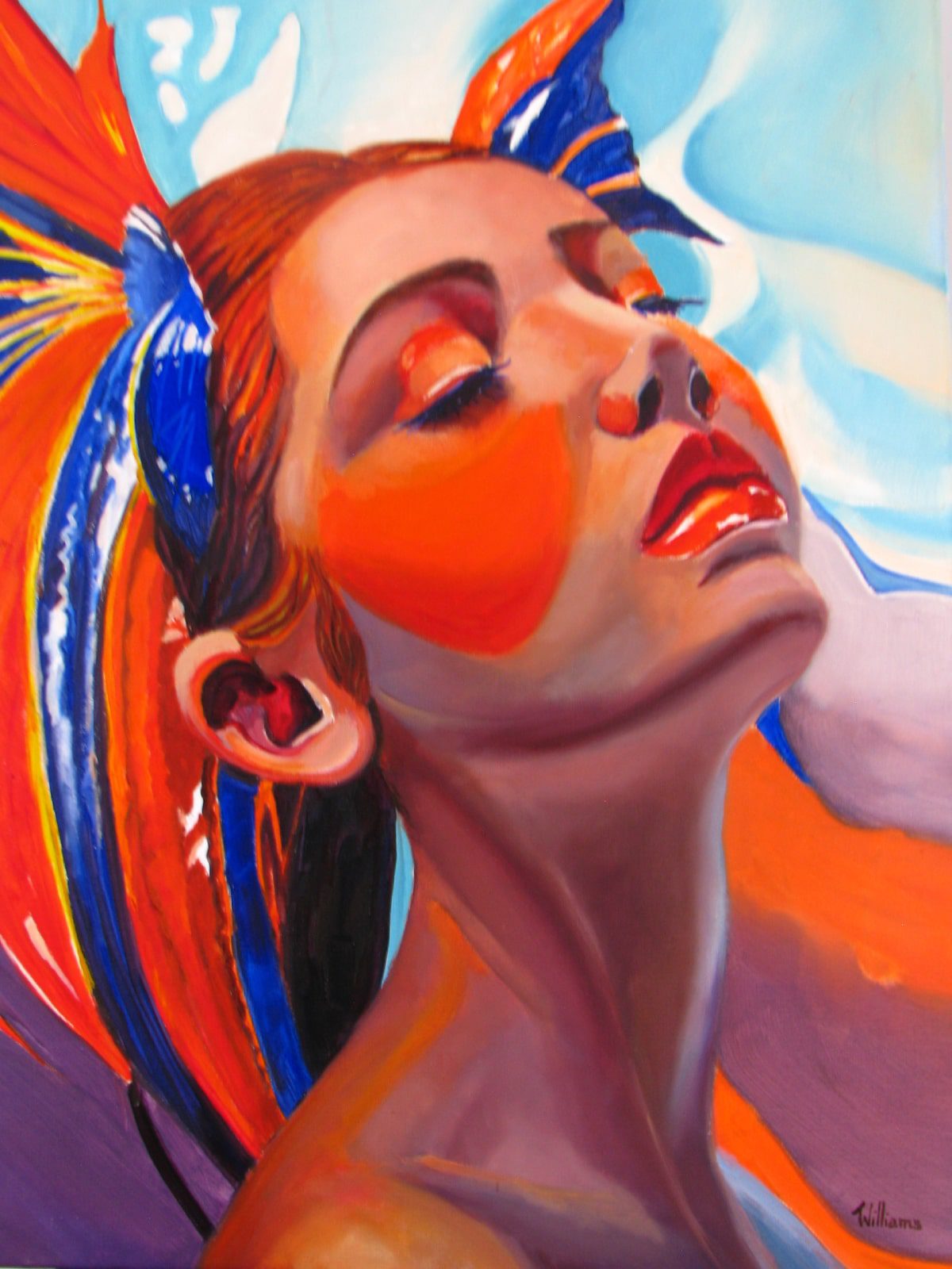 Współczesny obraz figuratywny – kobieta z zamkniętymi oczami w surrealistycznej kompozycji