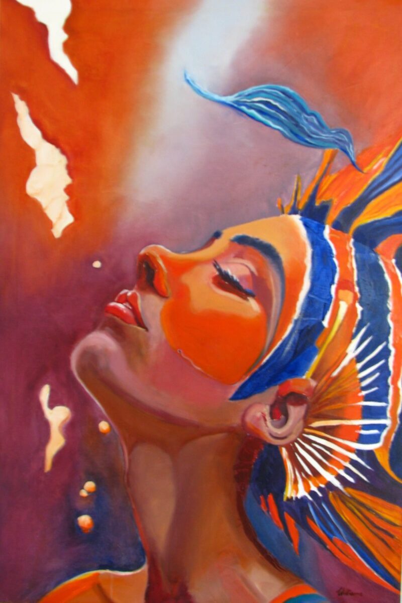 Symboliczny portret kobiety w ciepłej palecie barw – malarstwo figuratywne o duchowej narracji