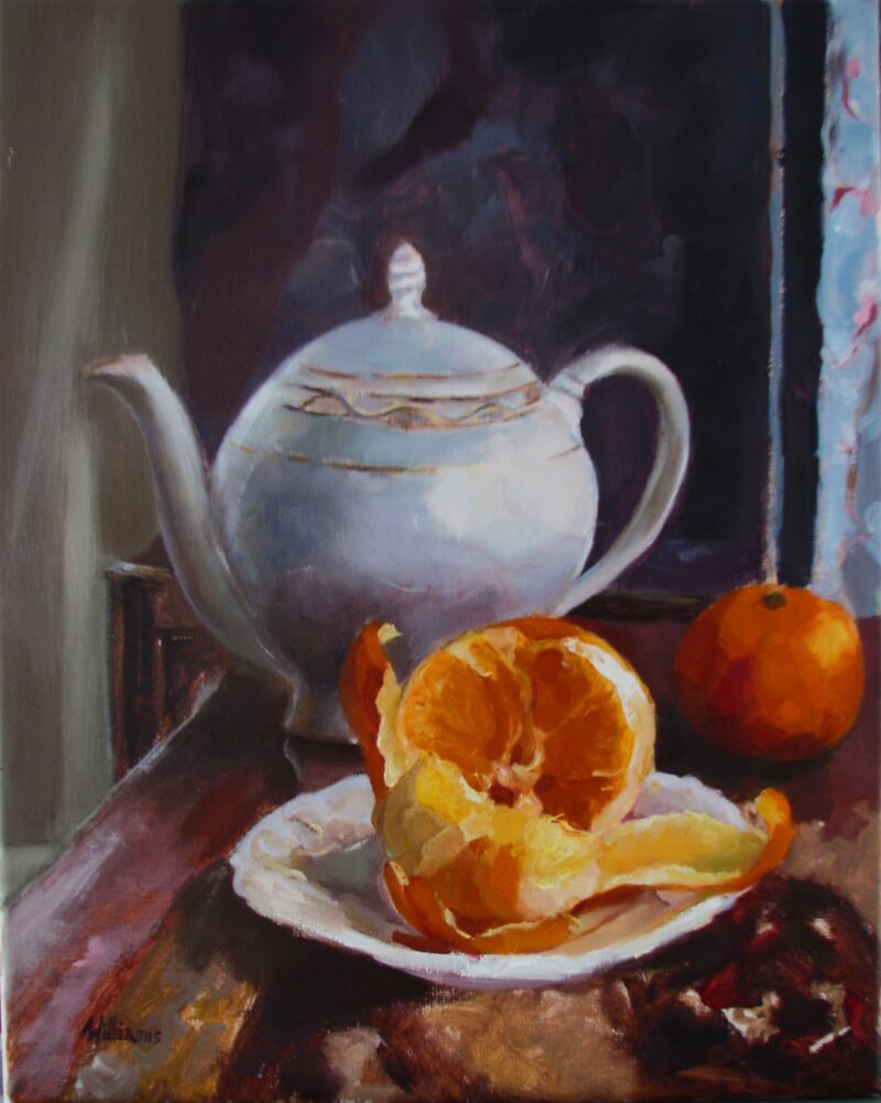 Obraz olejny „Pomarańczowa herbatka” – martwa natura z porcelanowym czajnikiem i pomarańczą